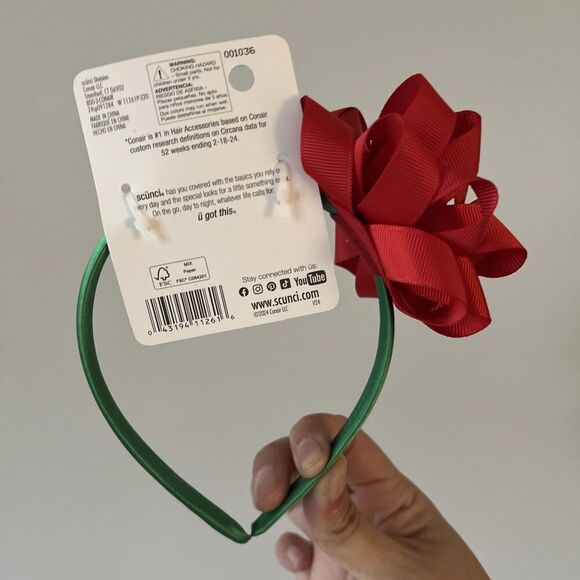 Scunci By Conair Headband Christmas Accessory Green Band Red Bow Girls Hair - Picture 2 of 4